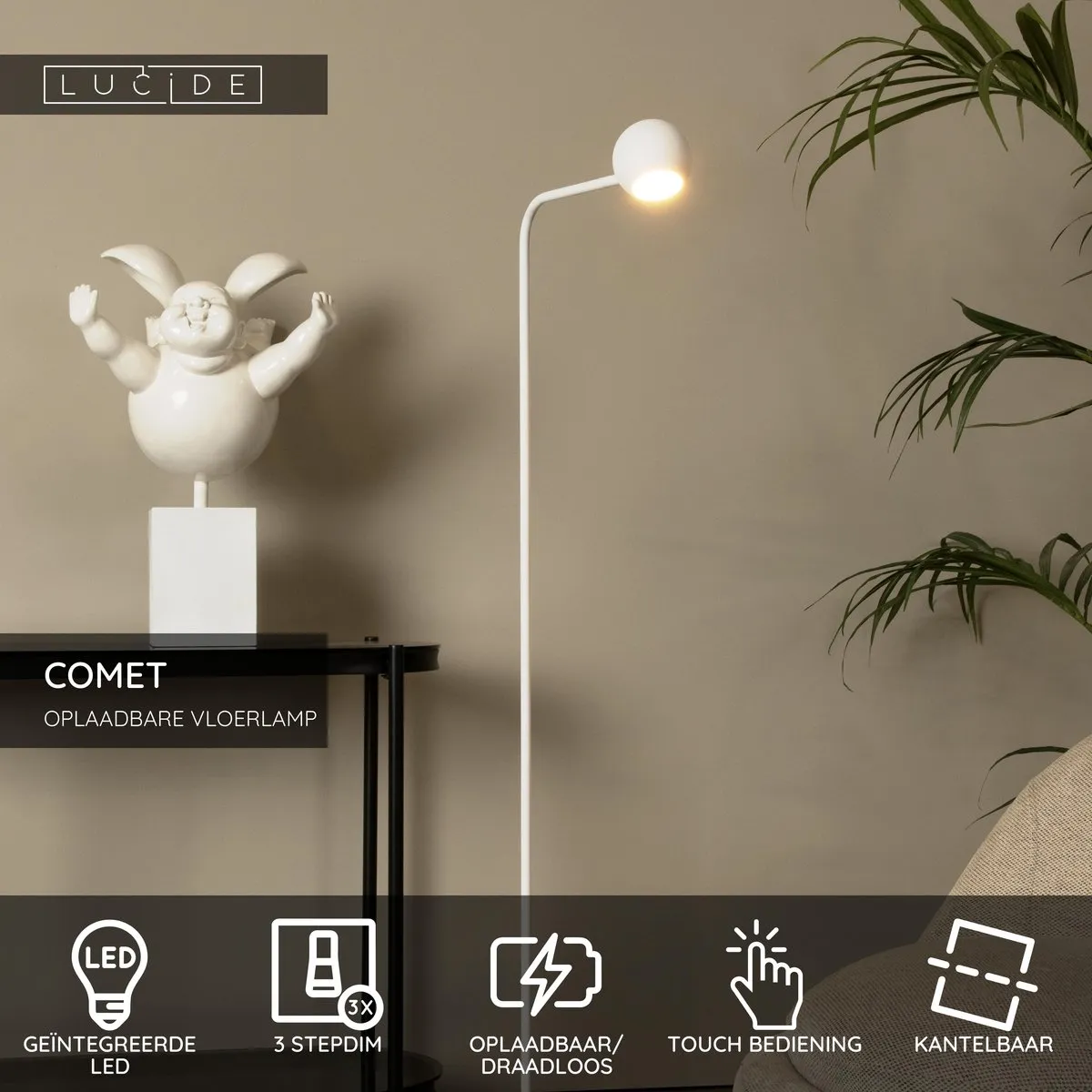 Lucide COMET Oplaadbare Vloerlamp - 1x3W 2700K - Wit