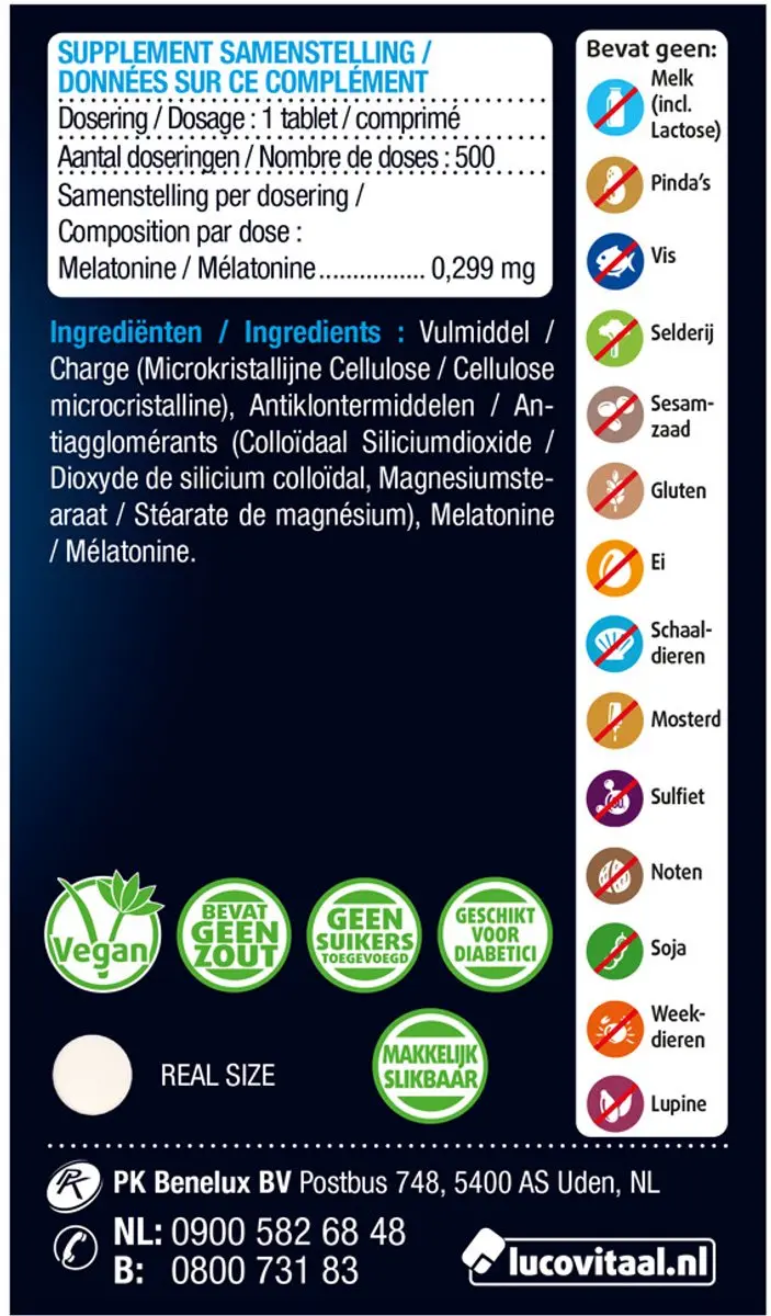 Lucovitaal Melatonine Puur 0.299mg - 3x500 Tabletten