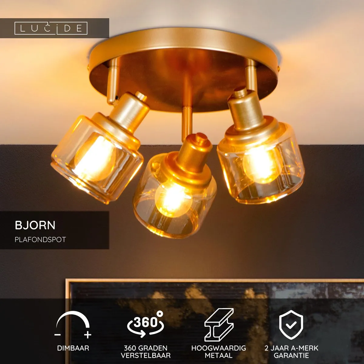 Lucide BJORN Plafondspot Ø38cm - 3xE14 Mat Goud/Messing