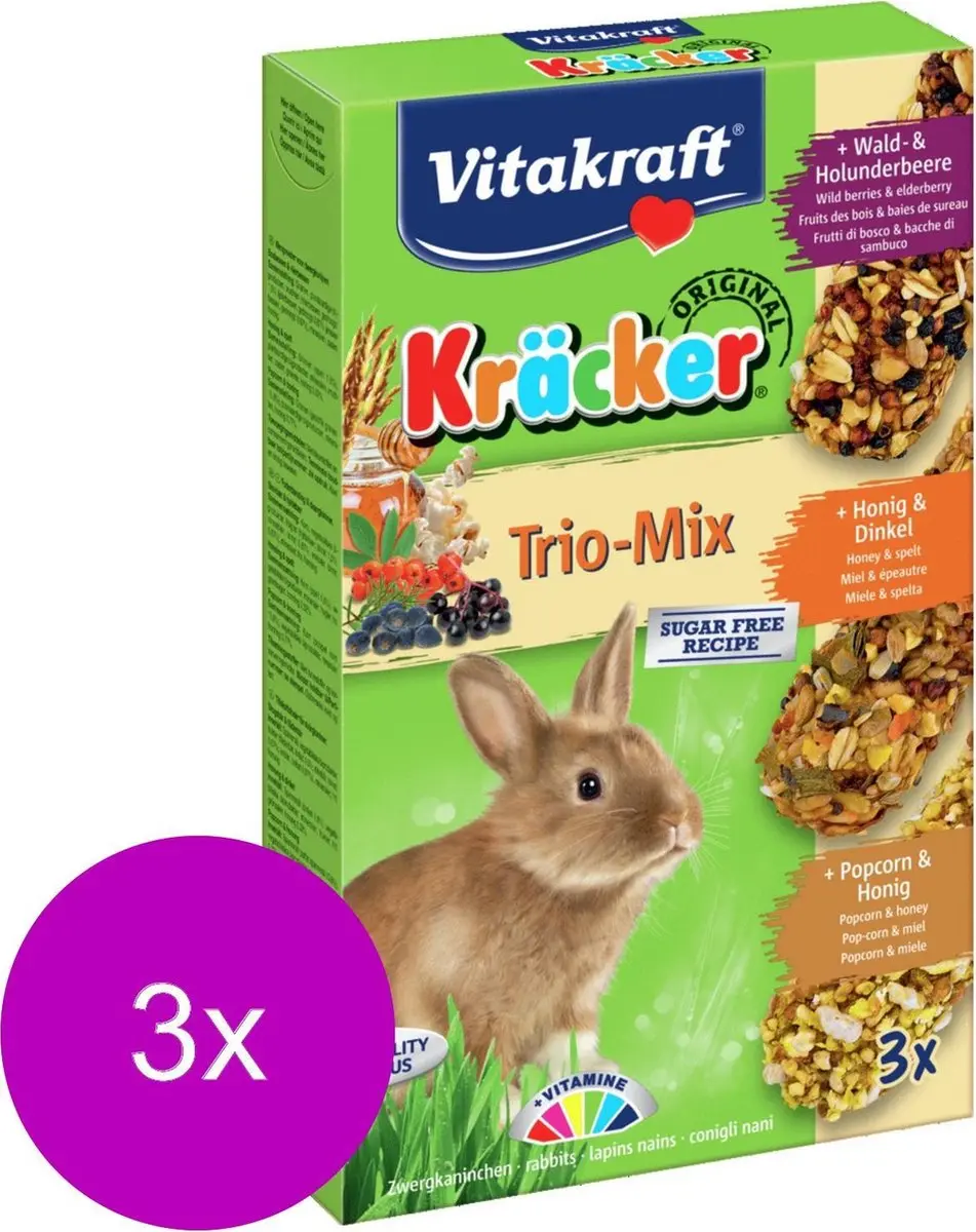 Vitakraft Konijn Kracker 3in1 - Honing & Popcorn & Active - 3 Stuks