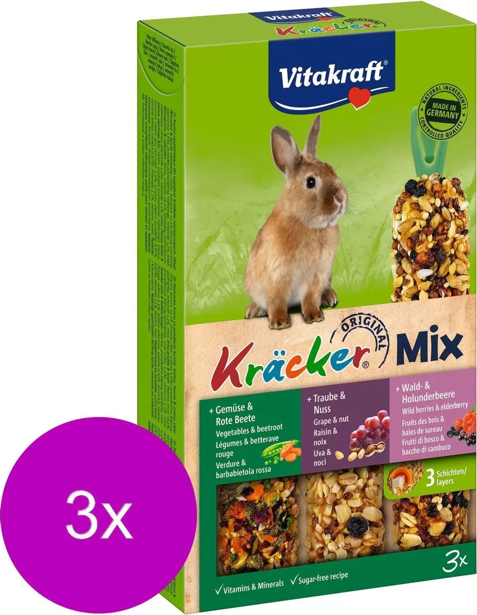 Vitakraft Konijn Kracker 3in1 - 3x Noten Bosbessen Groente