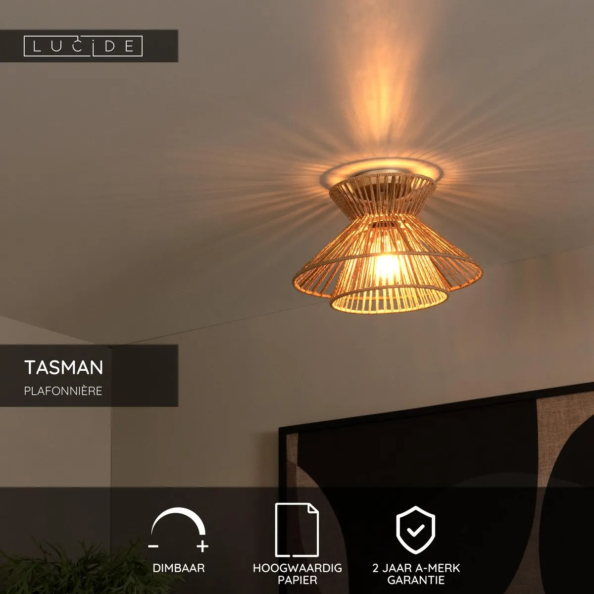 Lucide Tasman Plafondlamp Ø32cm - 1xE27 - Naturel