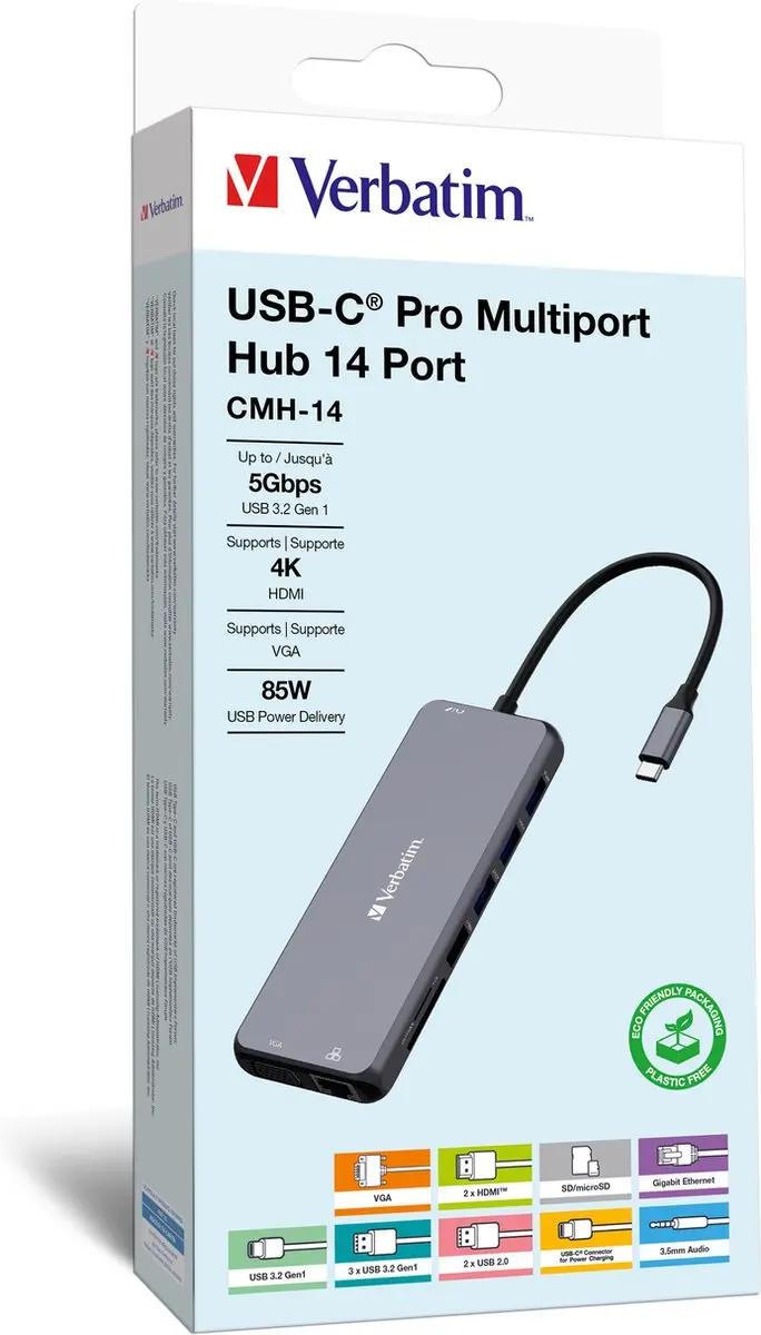 Verbatim USB-C Pro CMH-14 Multiport Hub - 14 Poorten - Grijs - afbeelding 6 van 6