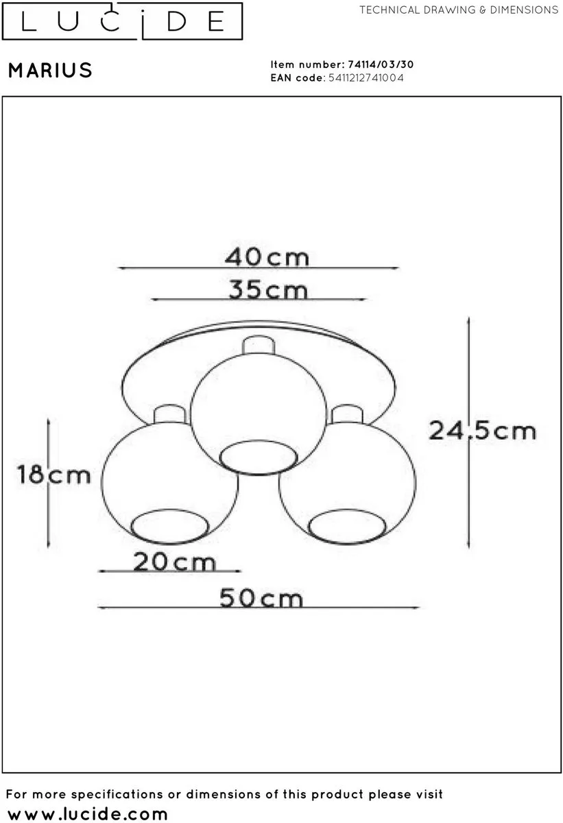 Lucide Marius Plafondlamp 3xE27 - Zwart - afbeelding 6 van 6