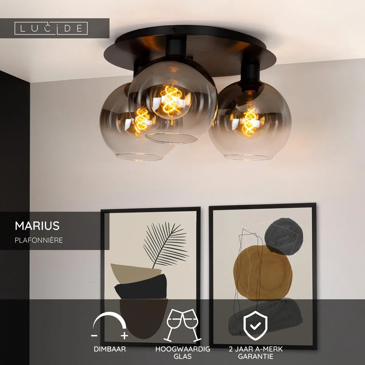 Lucide Marius Plafondlamp 3xE27 - Zwart
