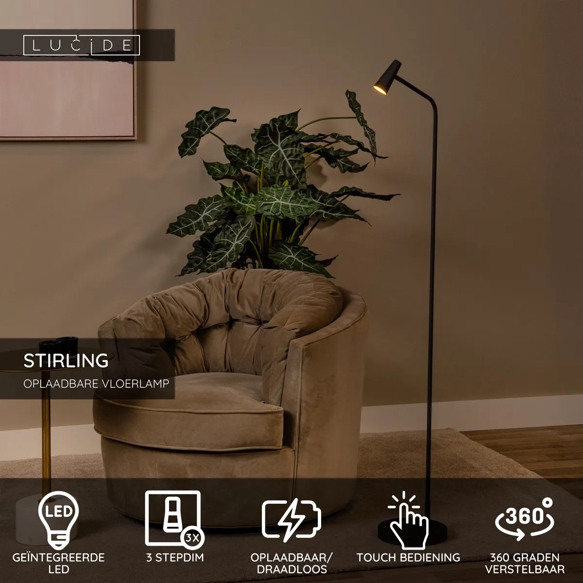 Lucide Stirling Oplaadbare Vloerlamp - 1x3W 2700K - Zwart