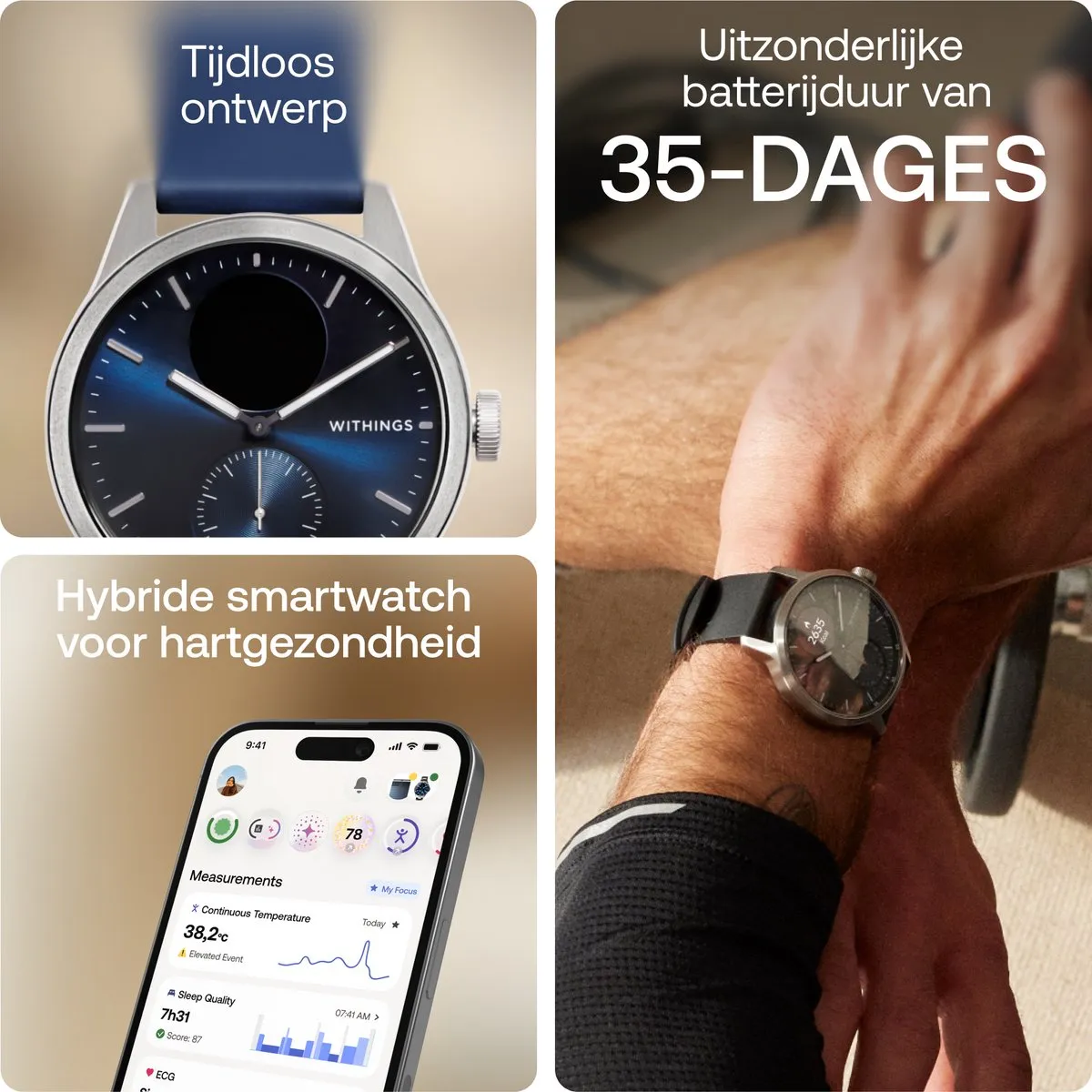 Withings ScanWatch 2 Hybride Smartwatch - 42mm - Midnight Blauw - afbeelding 6 van 6