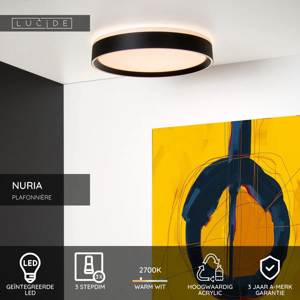 Lucide NURIA Plafondlamp Ø30cm - LED 18W 2700K - Zwart