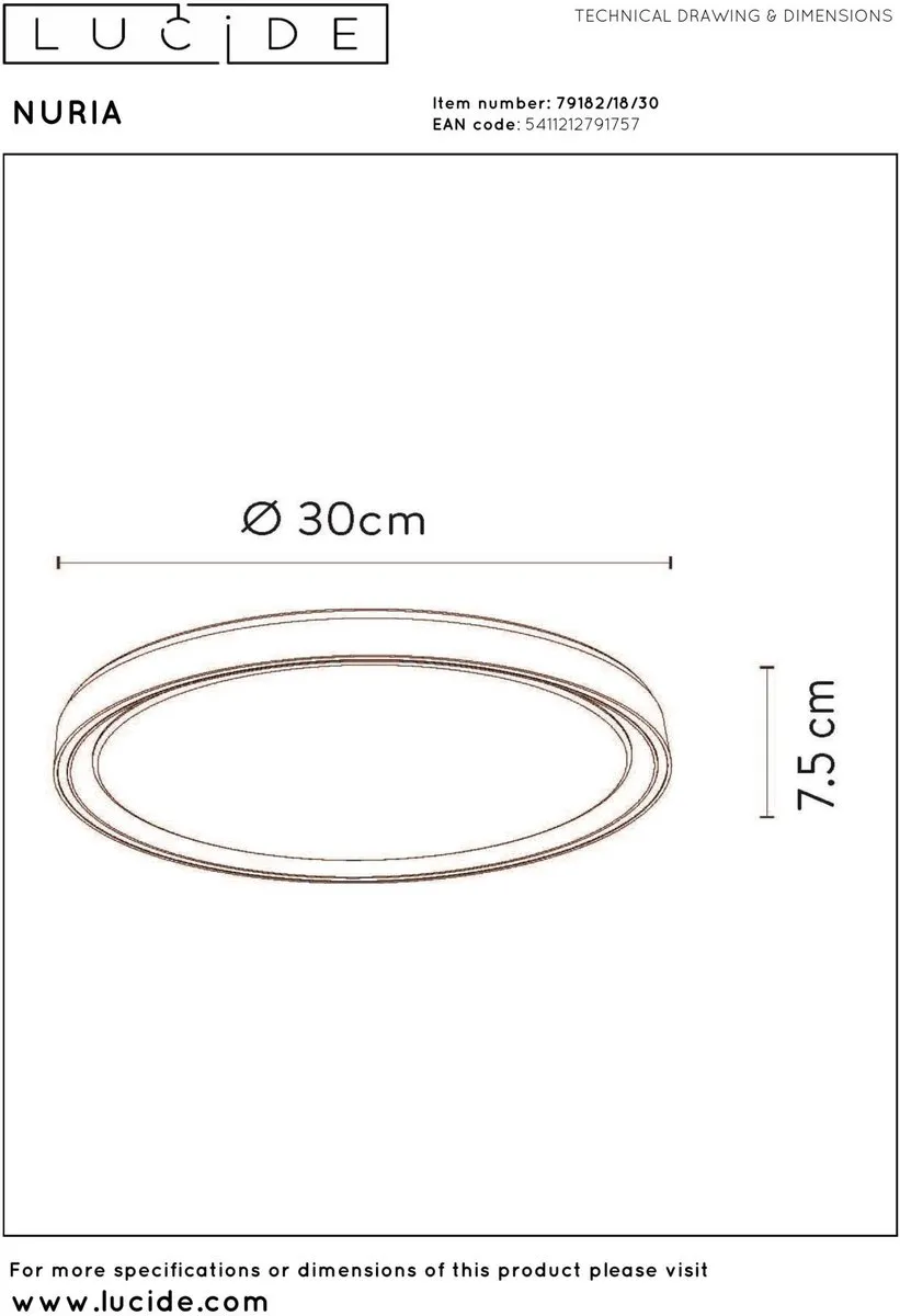 Lucide NURIA Plafondlamp Ø30cm - LED 18W 2700K - Zwart