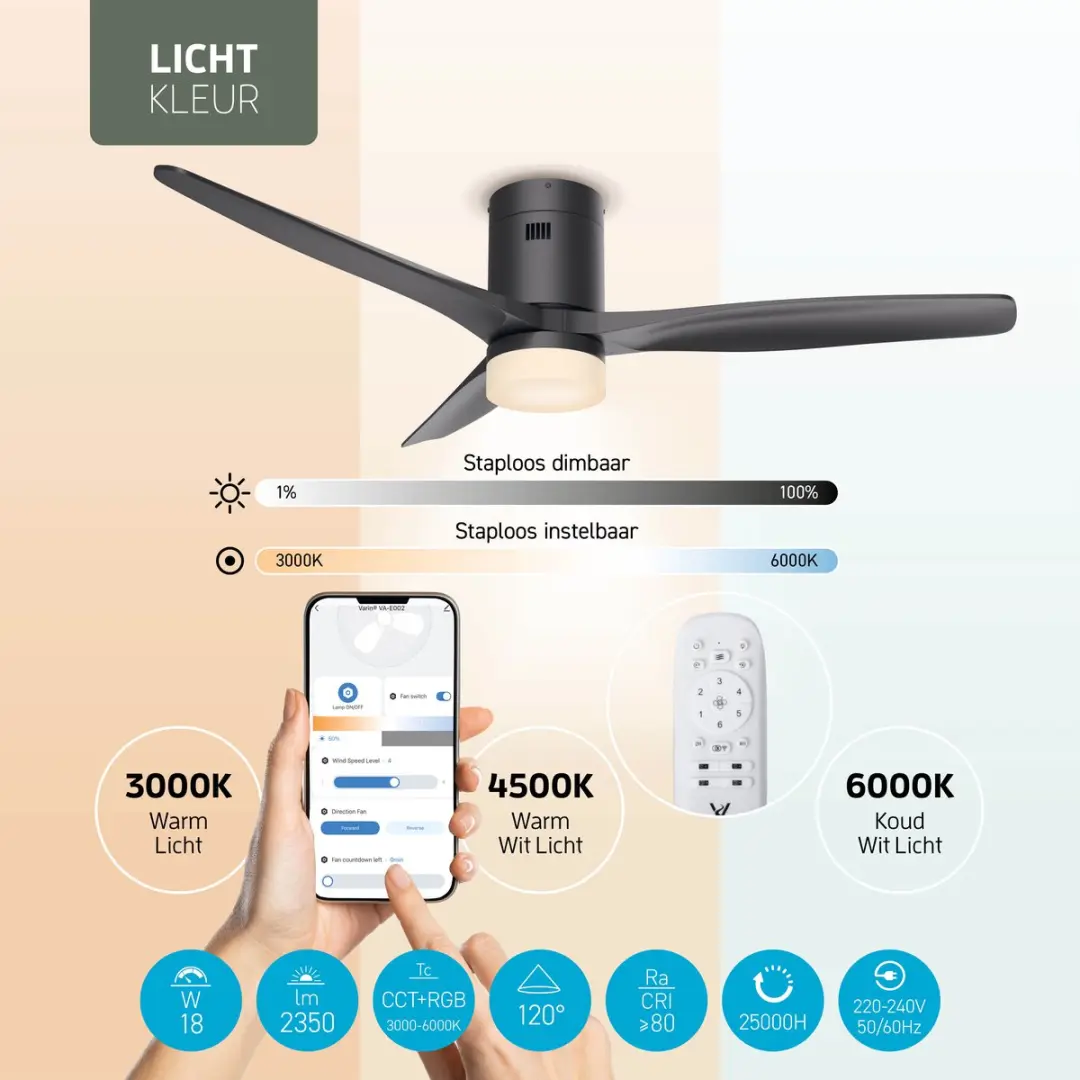 Varin Smart Plafondventilator Ø132cm - Zwart - 6 standen - 18W LED