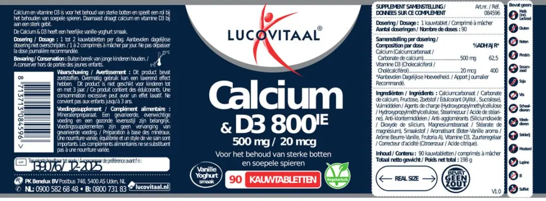 Lucovitaal Calcium 500mg + D3 20mcg Kauwtabletten - 90 Stuks