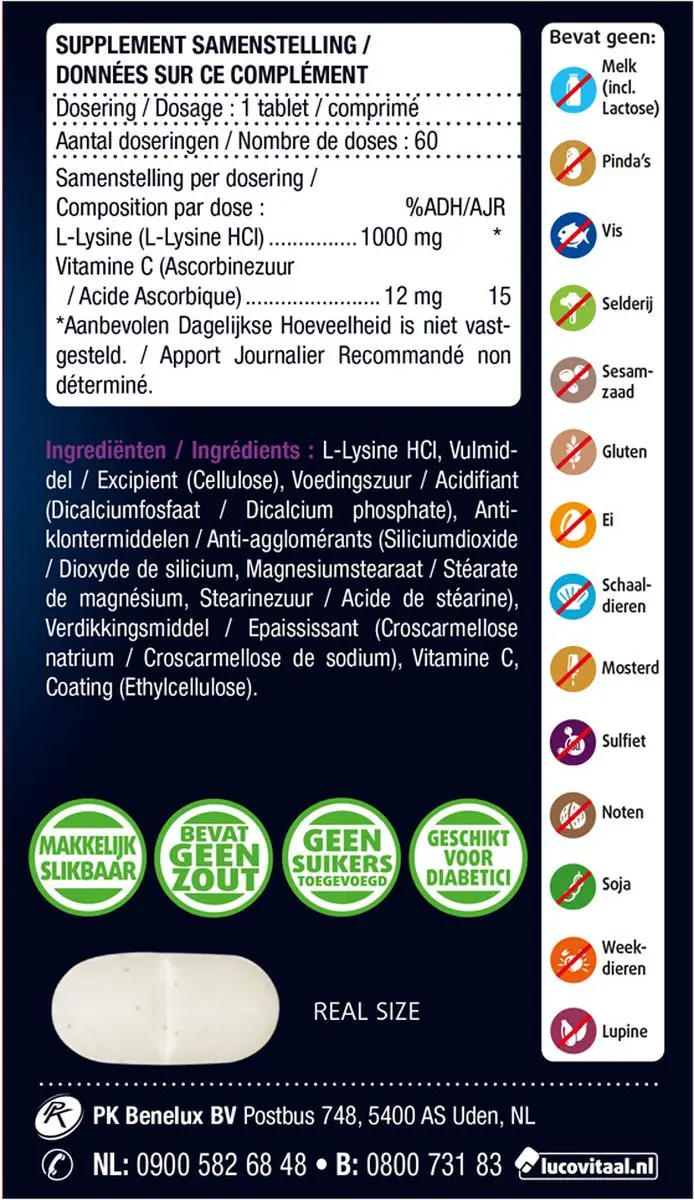 Lucovitaal L-Lysine 1000mg One a Day - 60 tabletten