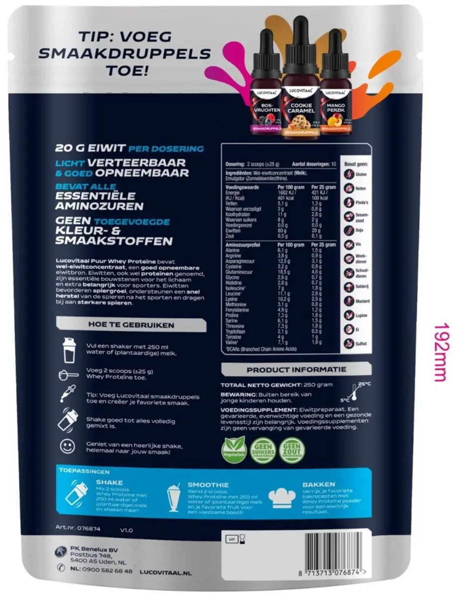 Lucovitaal Proteïne Whey Poeder Puur 250ml - 2 Stuks