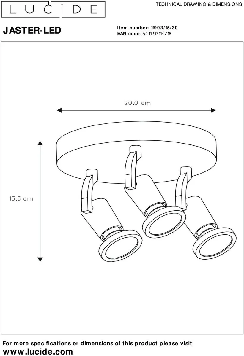 Lucide JASTER-LED Plafondspot Ø20cm - 3x5W 2700K - Zwart