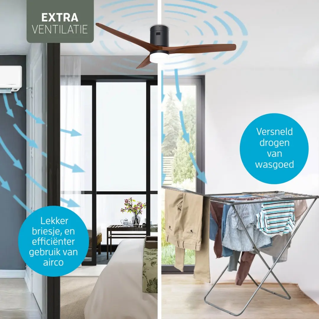 Varin Smart Plafondventilator Ø132cm - Zwart/Walnoot - 6 standen - 18W LED - afbeelding 6 van 6