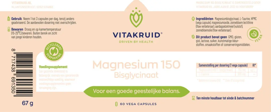 Vitakruid Magnesium 150 Bisglycinaat 89g