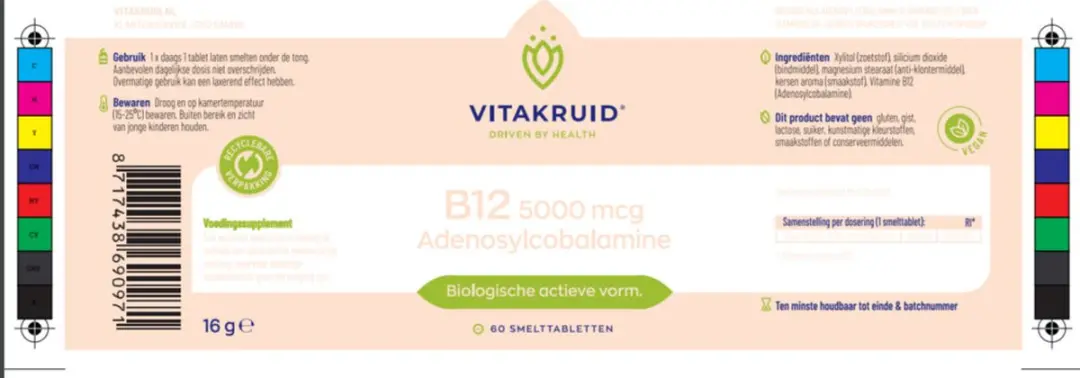 Vitakruid B12 Adenosylcobalamine 5000mcg Smelttabletten - 60 Stuks