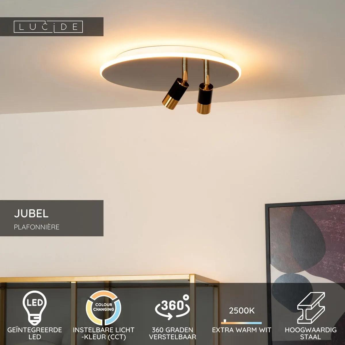 Lucide Jubel Plafondlamp Ø40cm LED CCT 2500K/3000K - Zwart chroom