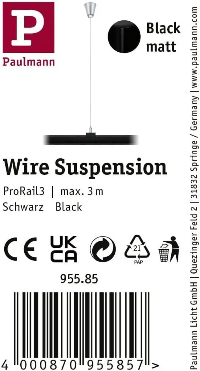 Paulmann ProRail3 Railsysteemaccessoire 3m Kabelophanging - Zwart