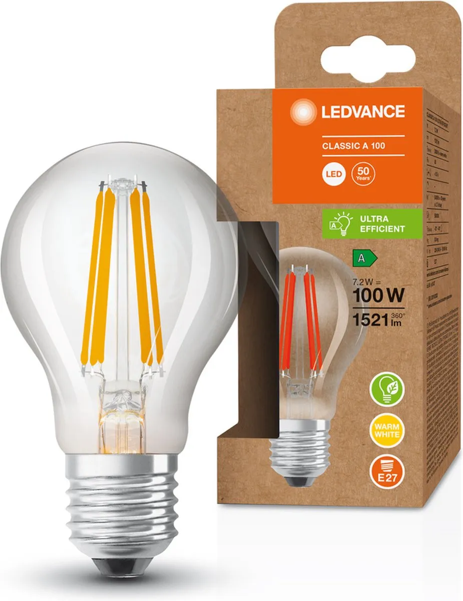 LEDVANCE Spaarlamp E27 7,2W Warm Wit - Helder Glas
