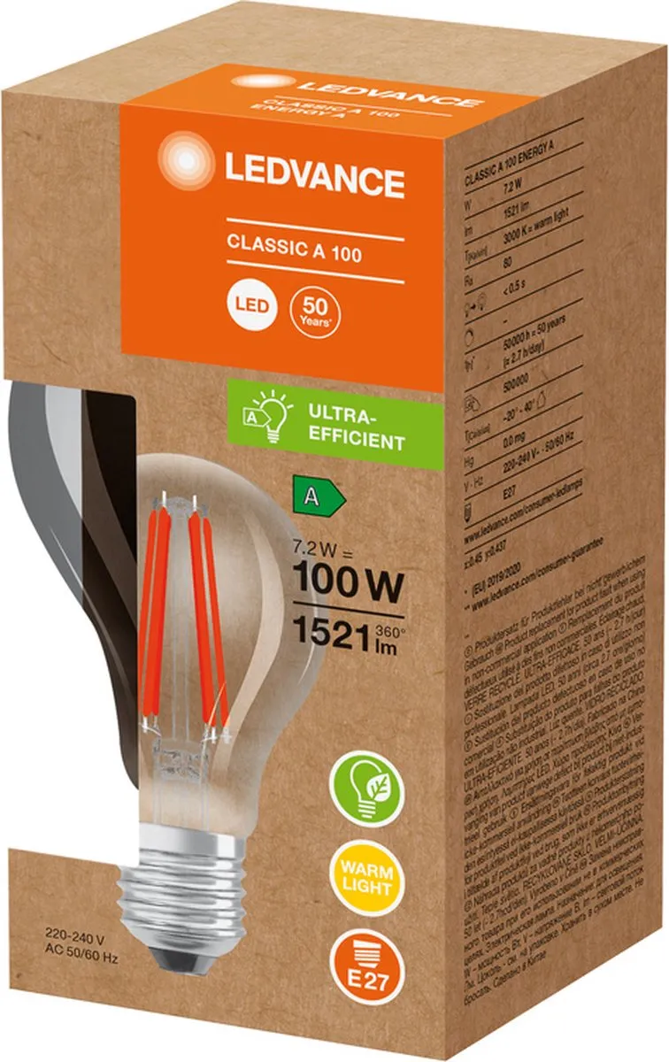 LEDVANCE Spaarlamp E27 7,2W Warm Wit - Helder Glas