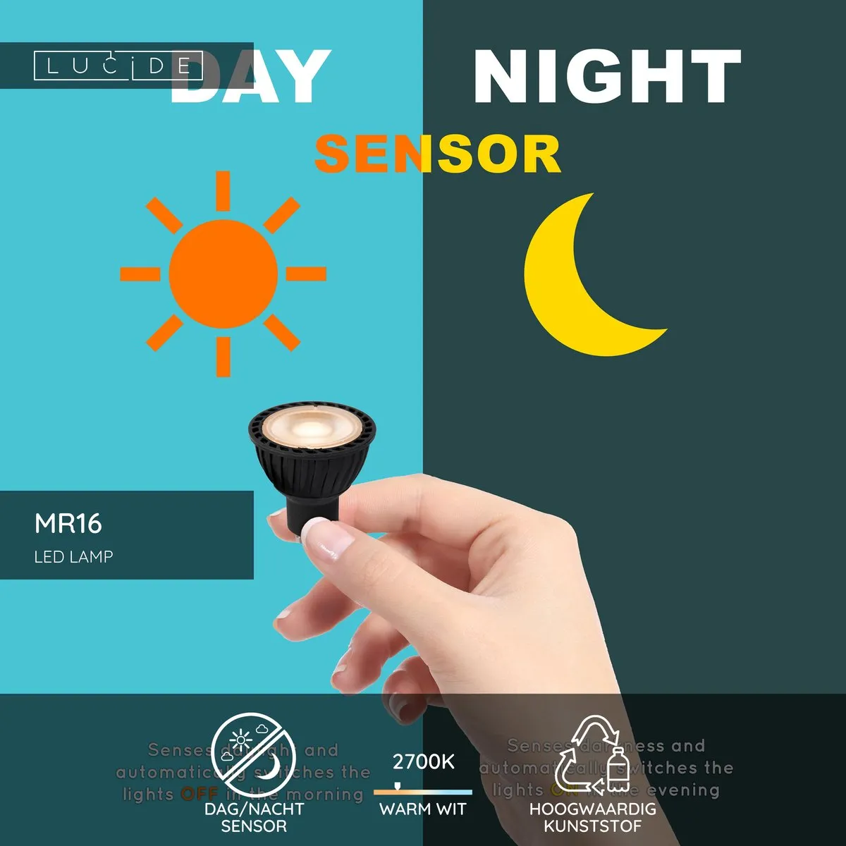 Lucide MR16 LED Lamp 5W 2700K - Dag/Nacht Sensor - Zwart - Rookglas