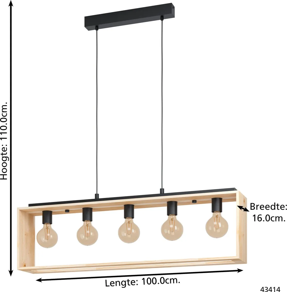 Eglo Famborough Hanglamp E27 100cm - Zwart/Hout