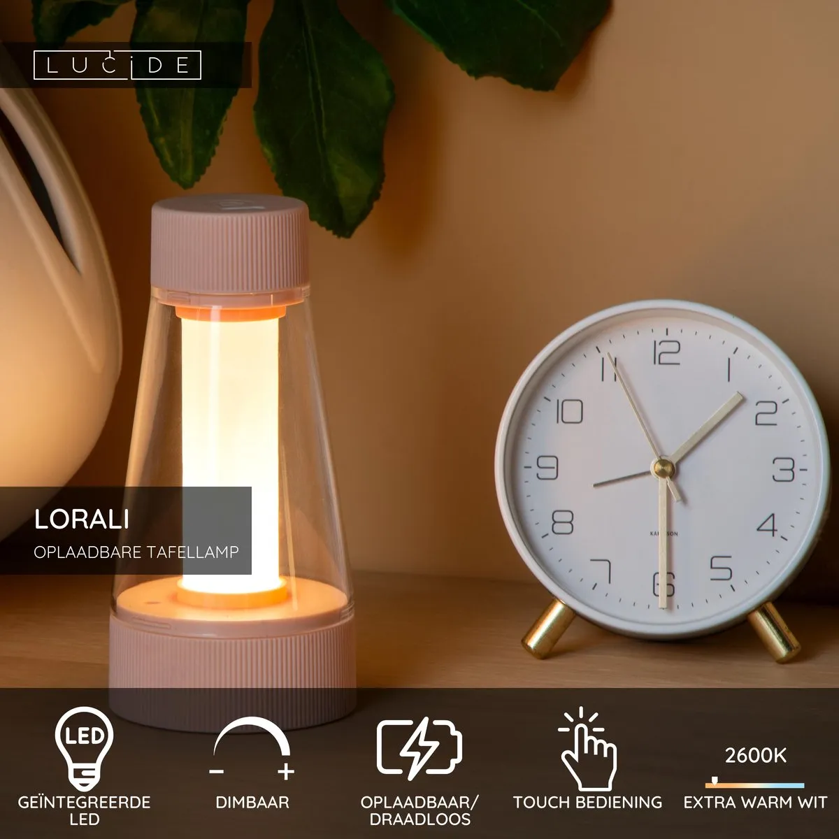 Lucide LORALI Oplaadbare Tafellamp - Ø7,7cm LED 2600K/3000K Roze