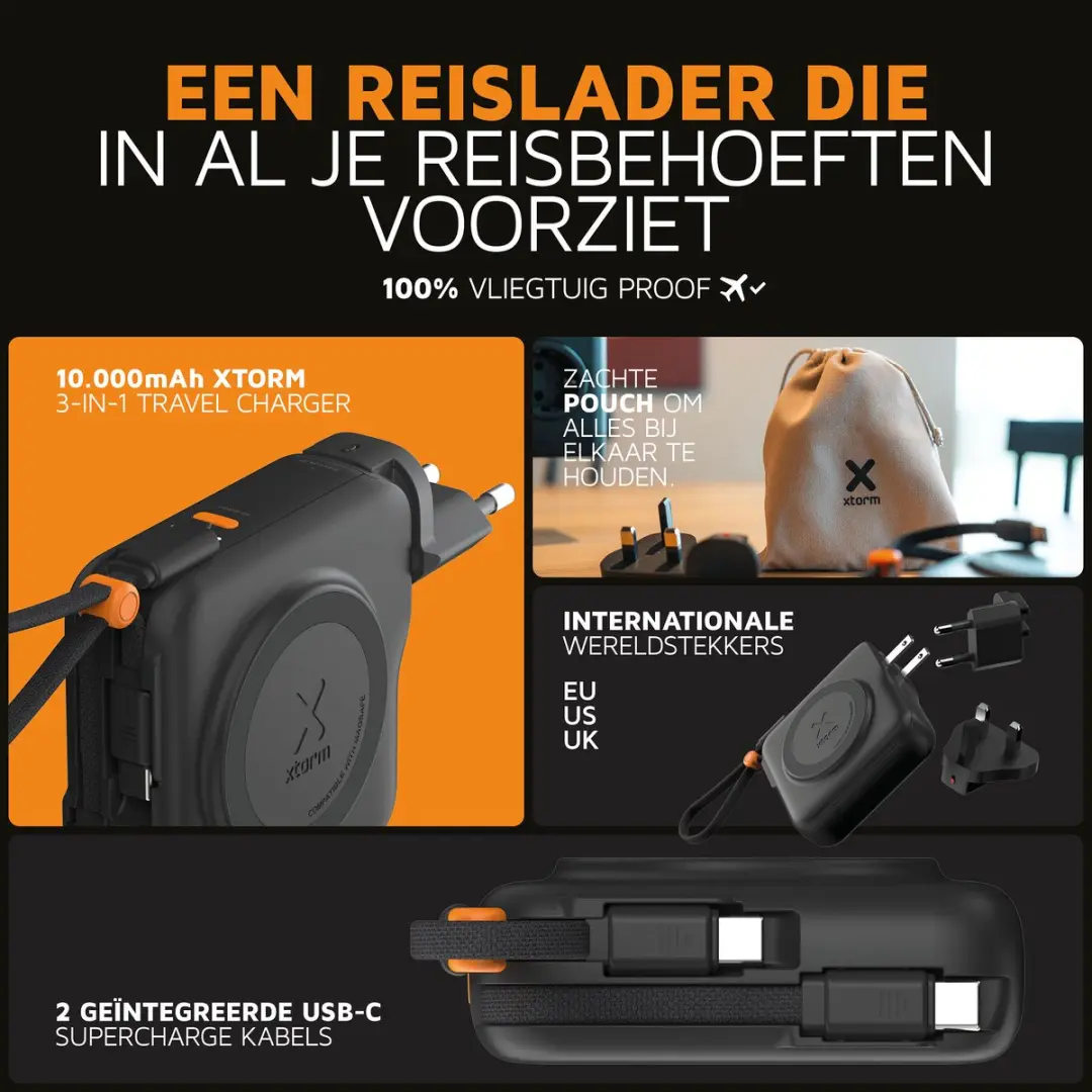 Xtorm XTPP101 3-in-1 Reislader - Powerbank 10.000mAh - 30W USB-C - Zwart