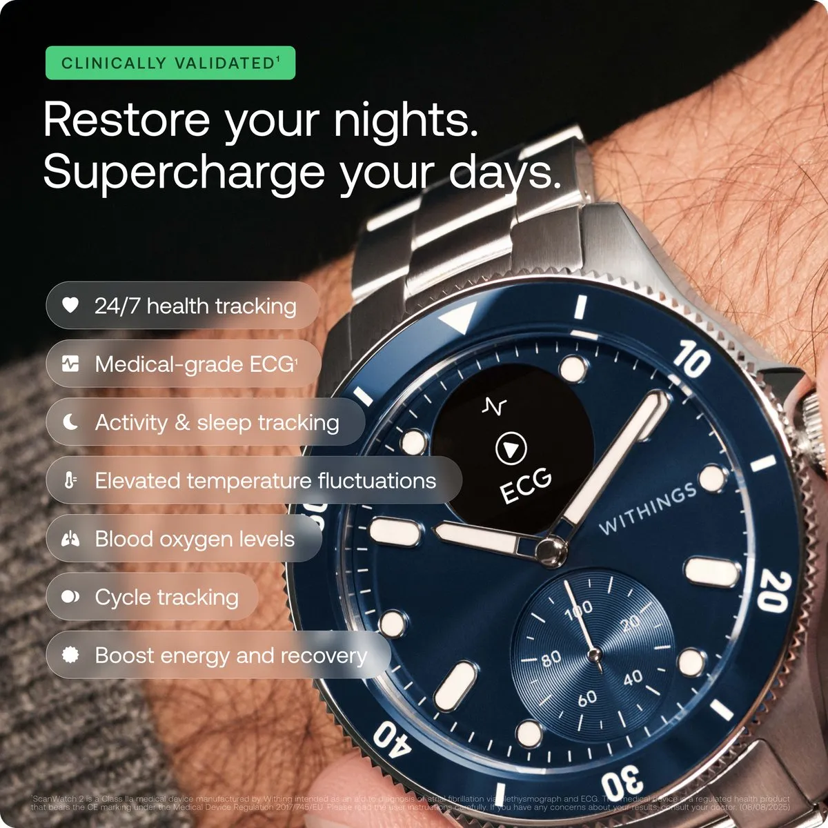 Withings ScanWatch Nova Hybride Smartwatch 42mm - Blauw