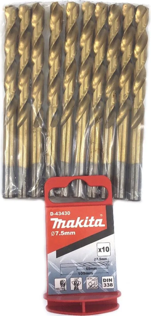 Makita D-43430 Metaalboren HSS-TiN - 10 Stuks Ø7.5mm