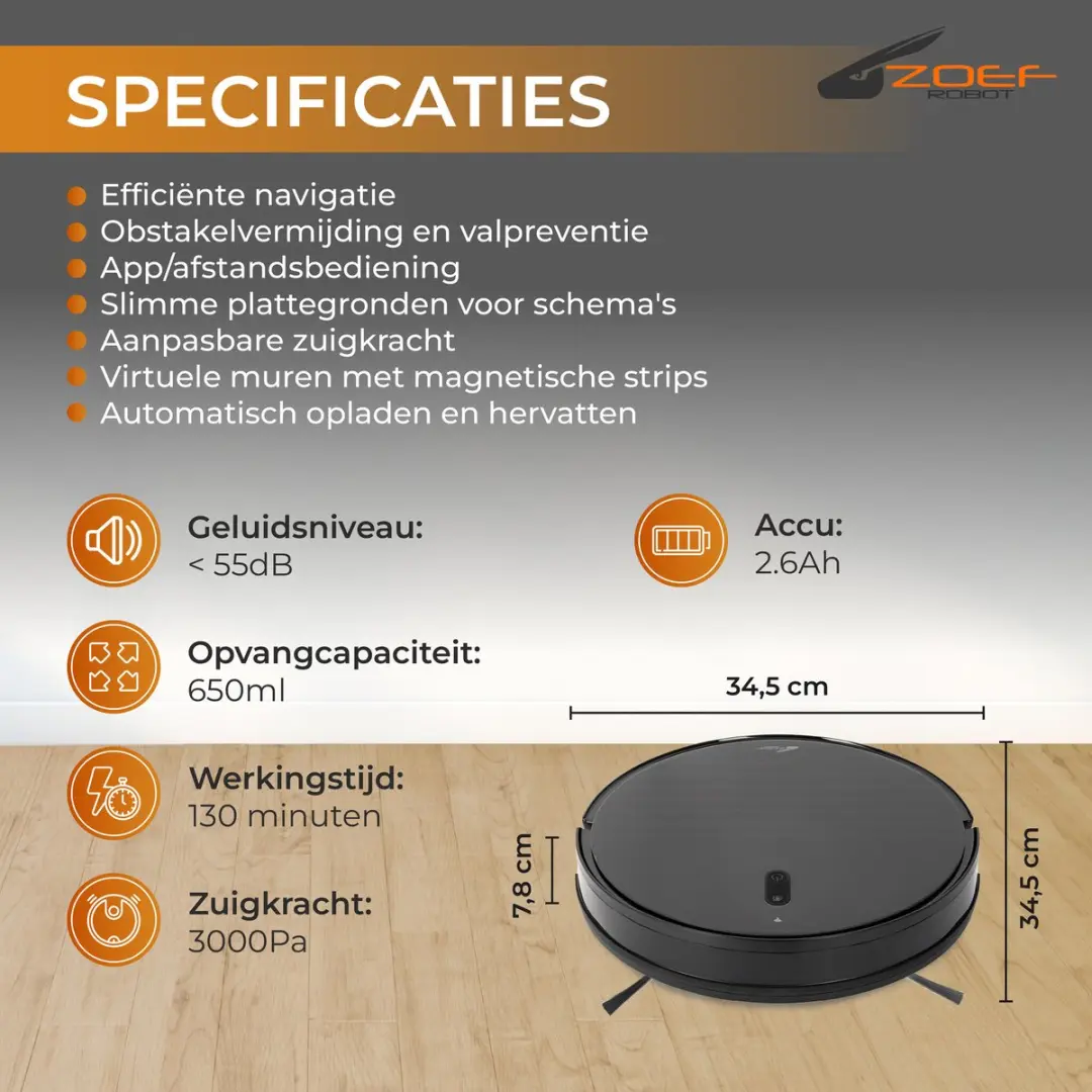 Zoef Robot Jannie 4.1 Robotstofzuiger 2-in-1 - Antraciet
