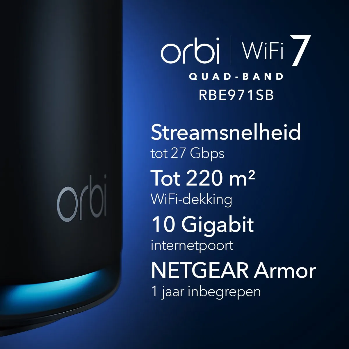 Netgear Orbi RBE971SB WiFi 7 Router - Quad-Band 27Gbps - Zwart