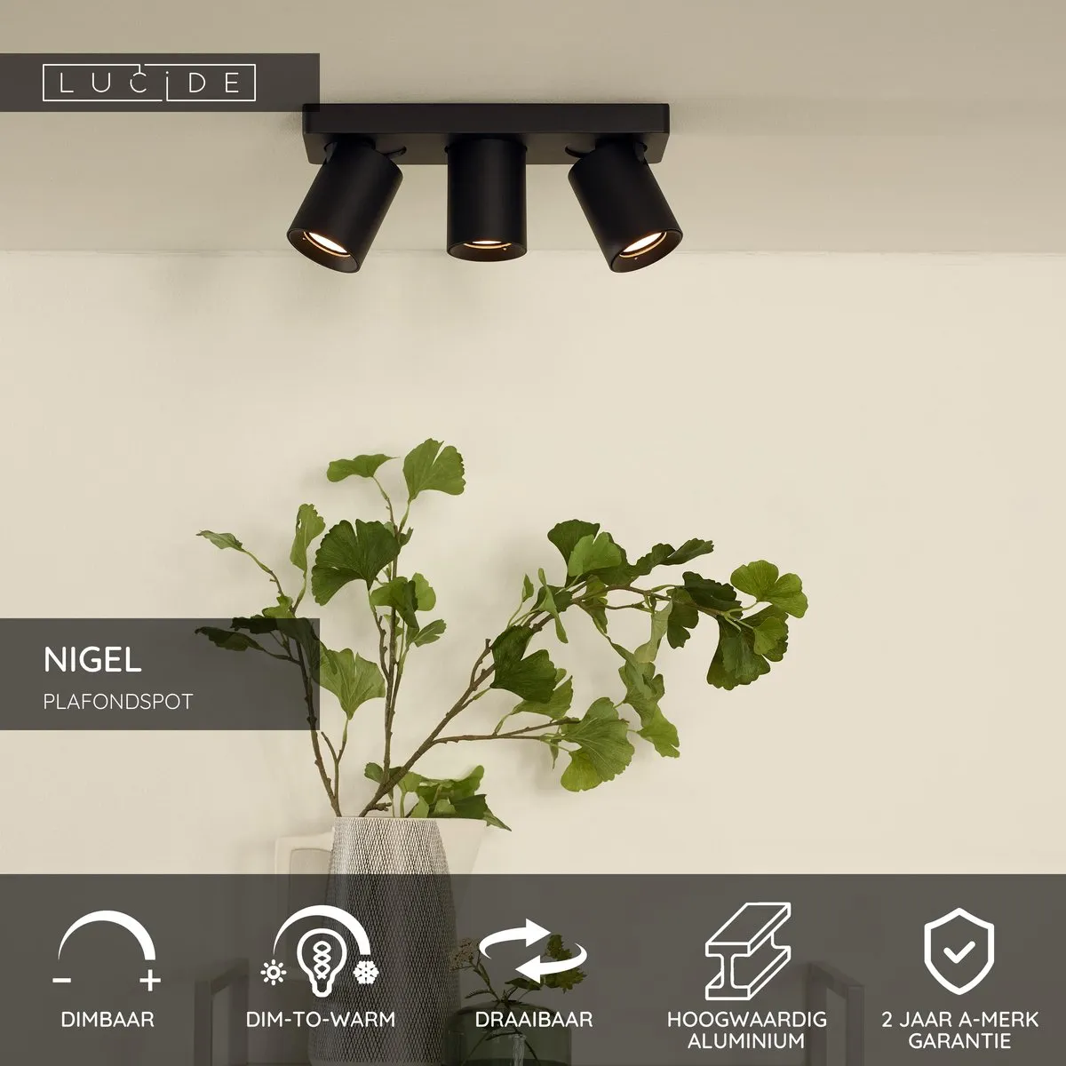 Lucide Nigel Plafondspot LED 3x5W 2200K/3000K - Zwart