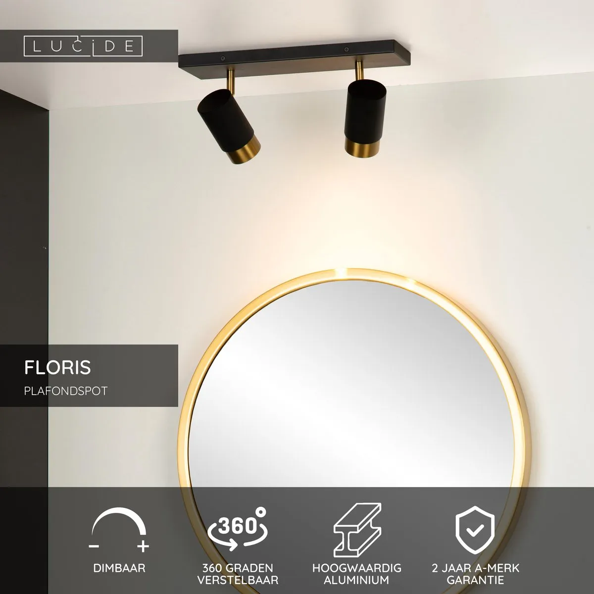 Lucide FLORIS - Plafondspot (Plafondlamp) - 2xGU10 - Zwart