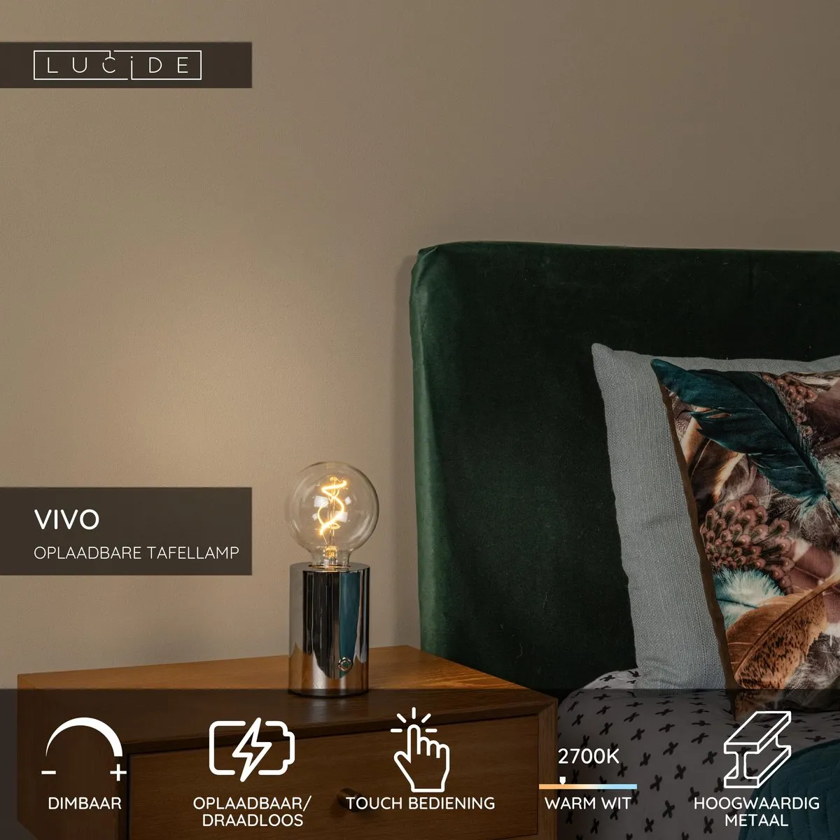 Lucide VIVO Oplaadbare Tafellamp E27 1W 2700K - Chroom