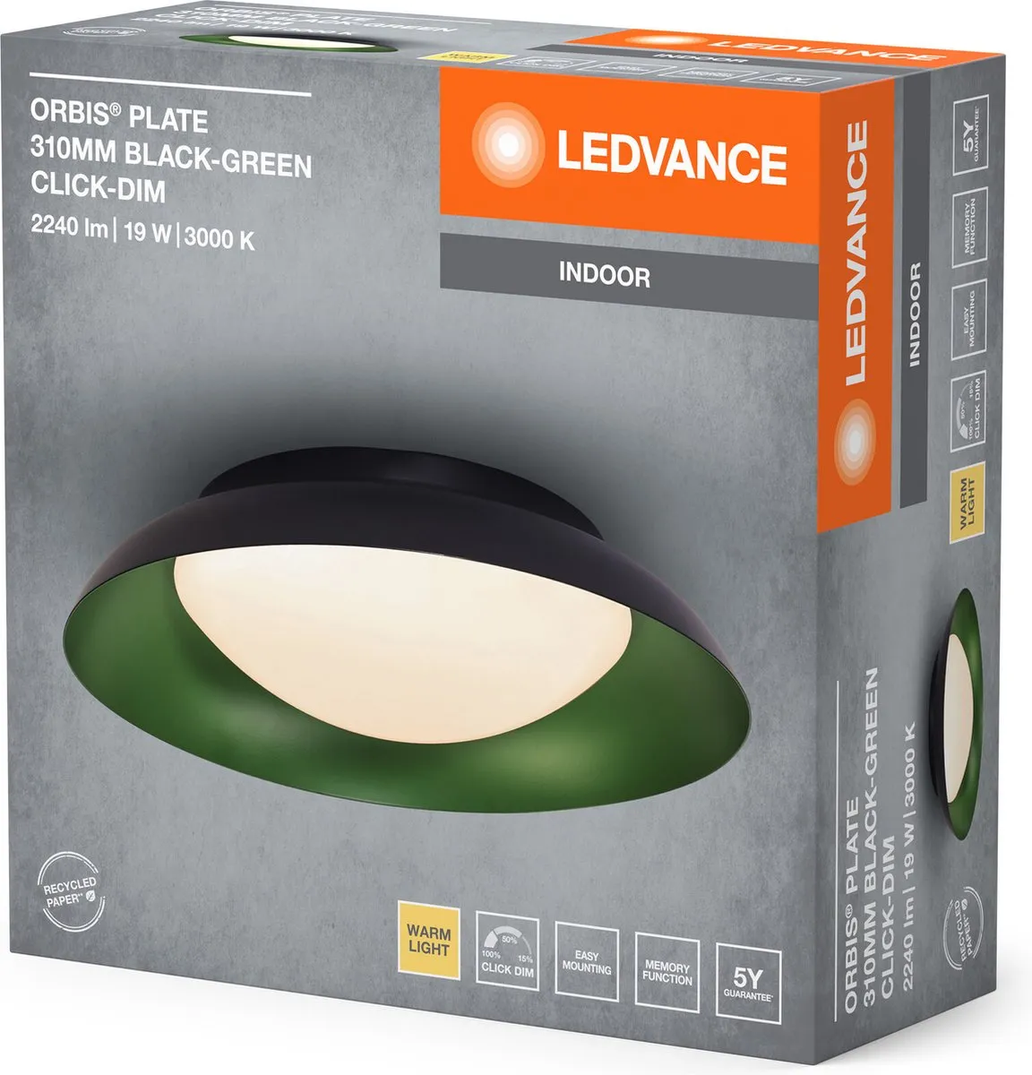 LEDVANCE Orbis Plate LED Plafondlamp 19W 1000lm - Zwart-Groen