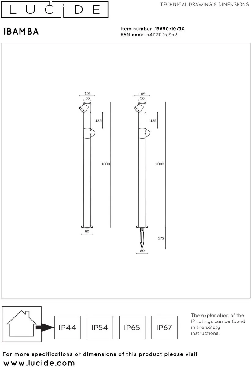 Lucide Ibamba Sokkellamp 2x6W 3000K - IP65 Zwart