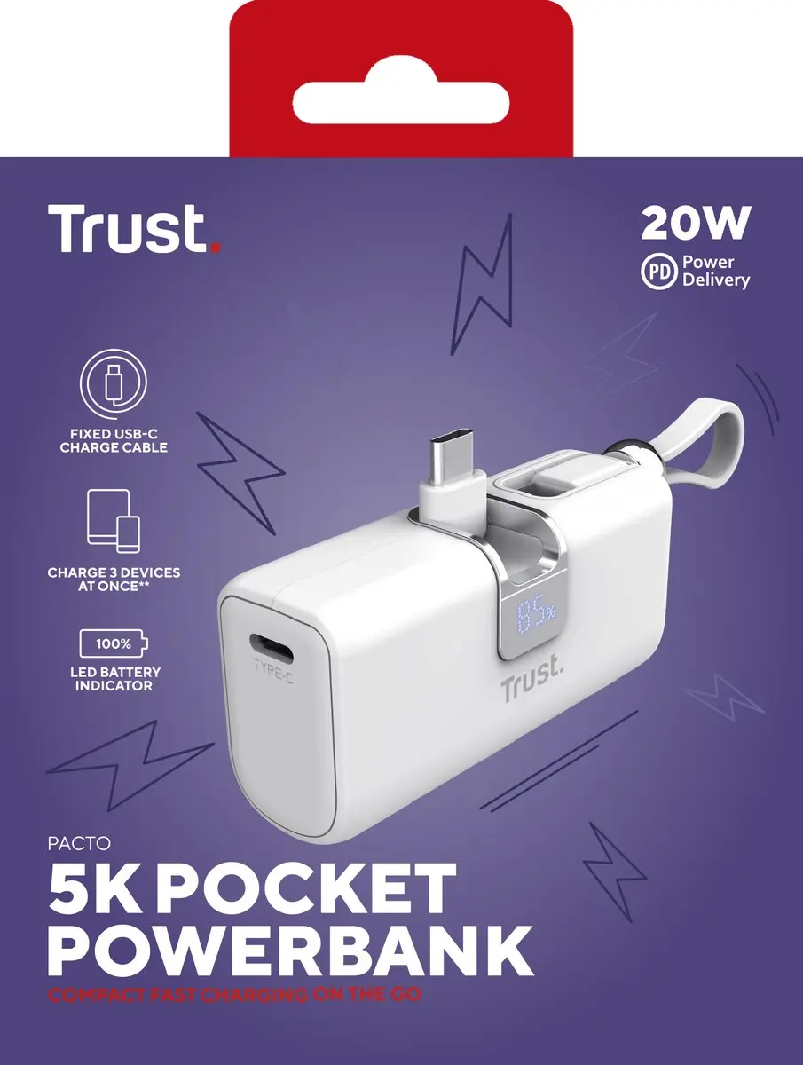 Trust Pacto Powerbank 26105 - 5000mAh - 20W - Wit - afbeelding 6 van 6
