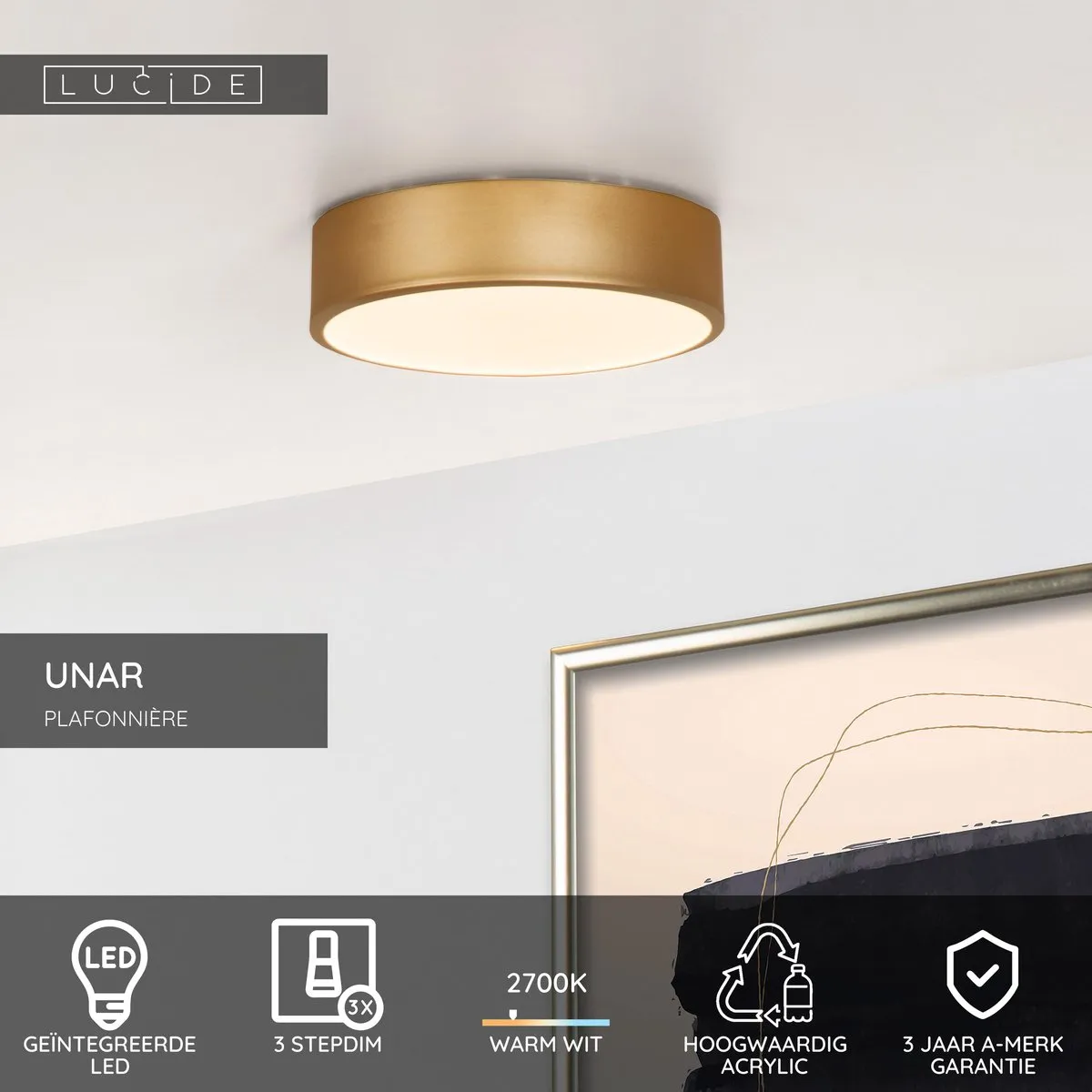 Lucide UNAR Plafonnière Ø20cm LED 12W 2700K Mat Goud