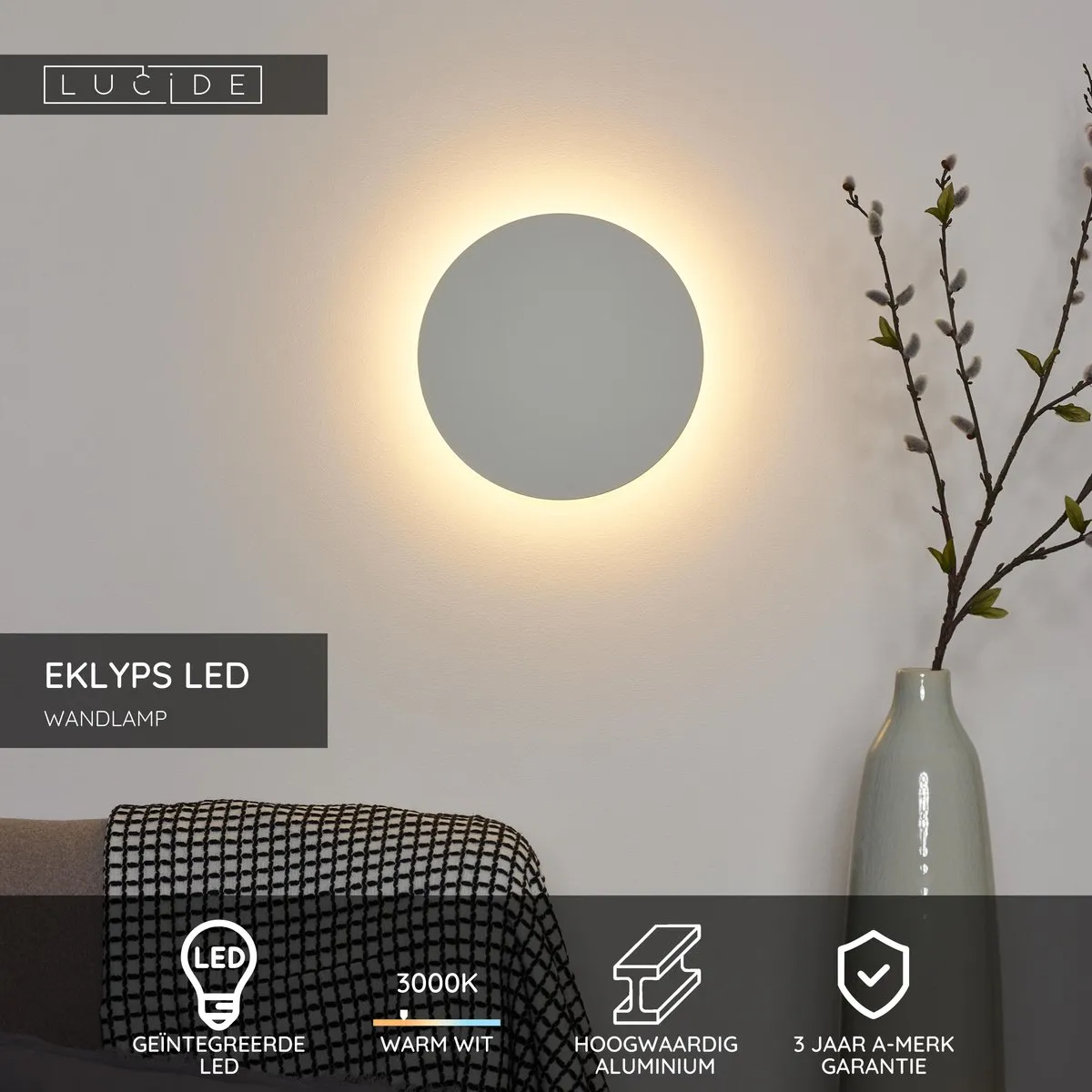 Lucide EKLYPS LED Wandlamp Ø25cm - 9W 3000K Wit