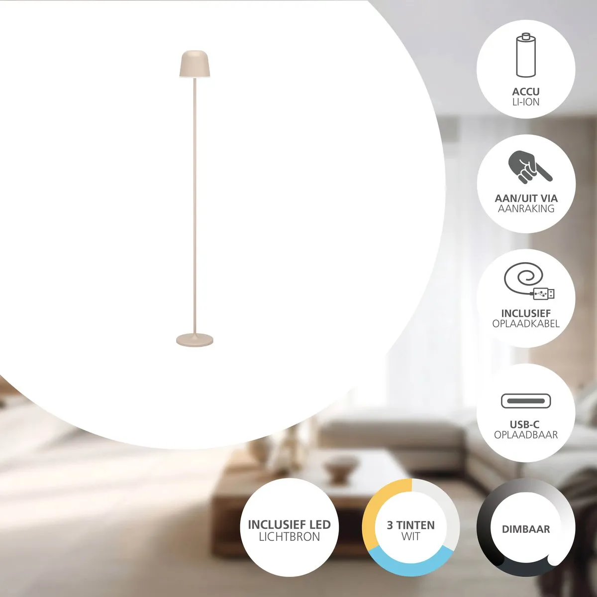 Eglo Mannera-L Staande lamp 140cm - Oplaadbaar 47u - Zandkleur/Wit - afbeelding 6 van 6