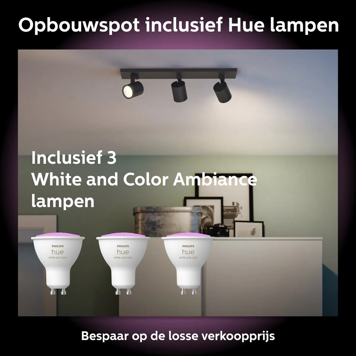 Philips Hue Runner Opbouwspot Zwart - 3x GU10 RGBW