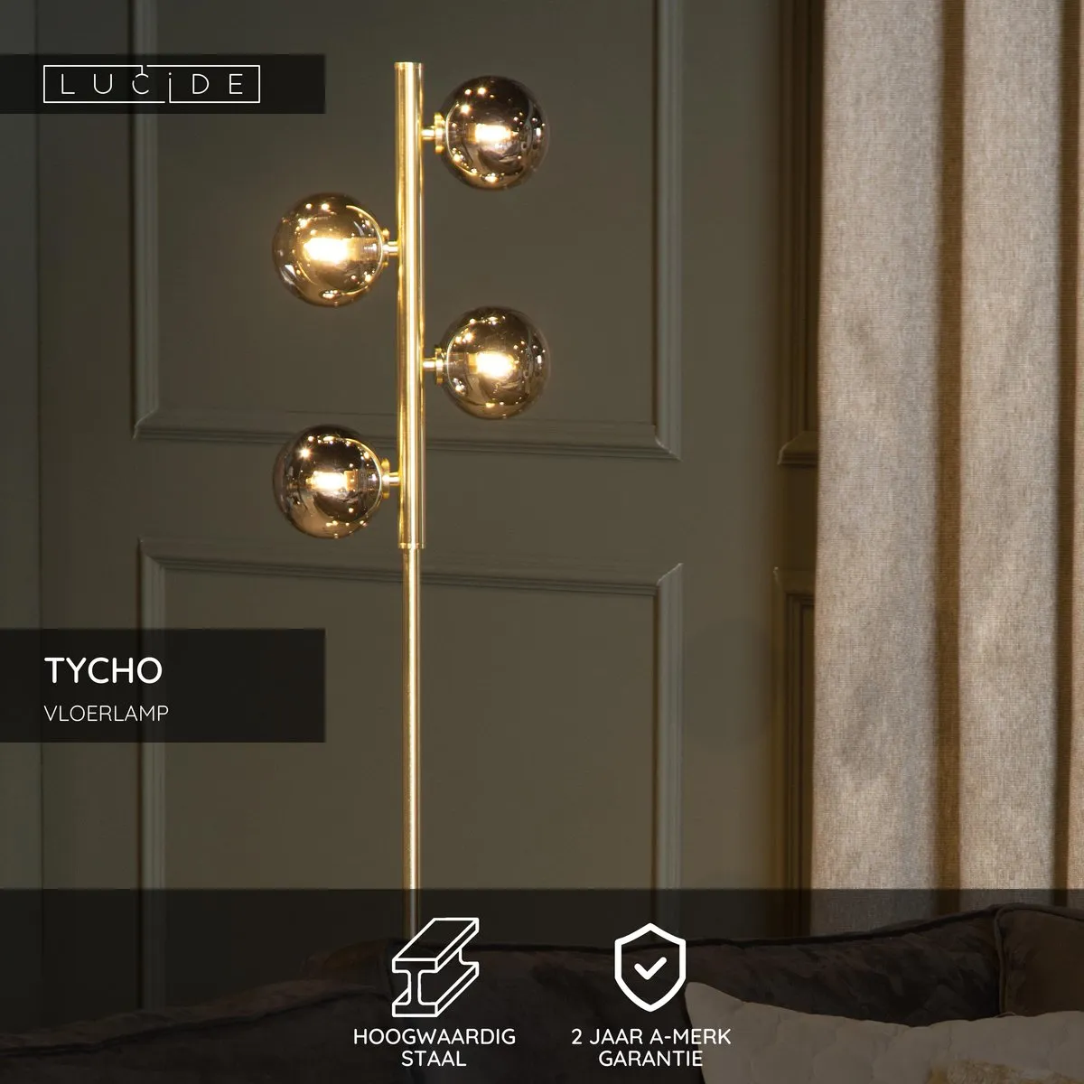 Lucide TYCHO Vloerlamp - 4xG9 Mat Goud/Messing