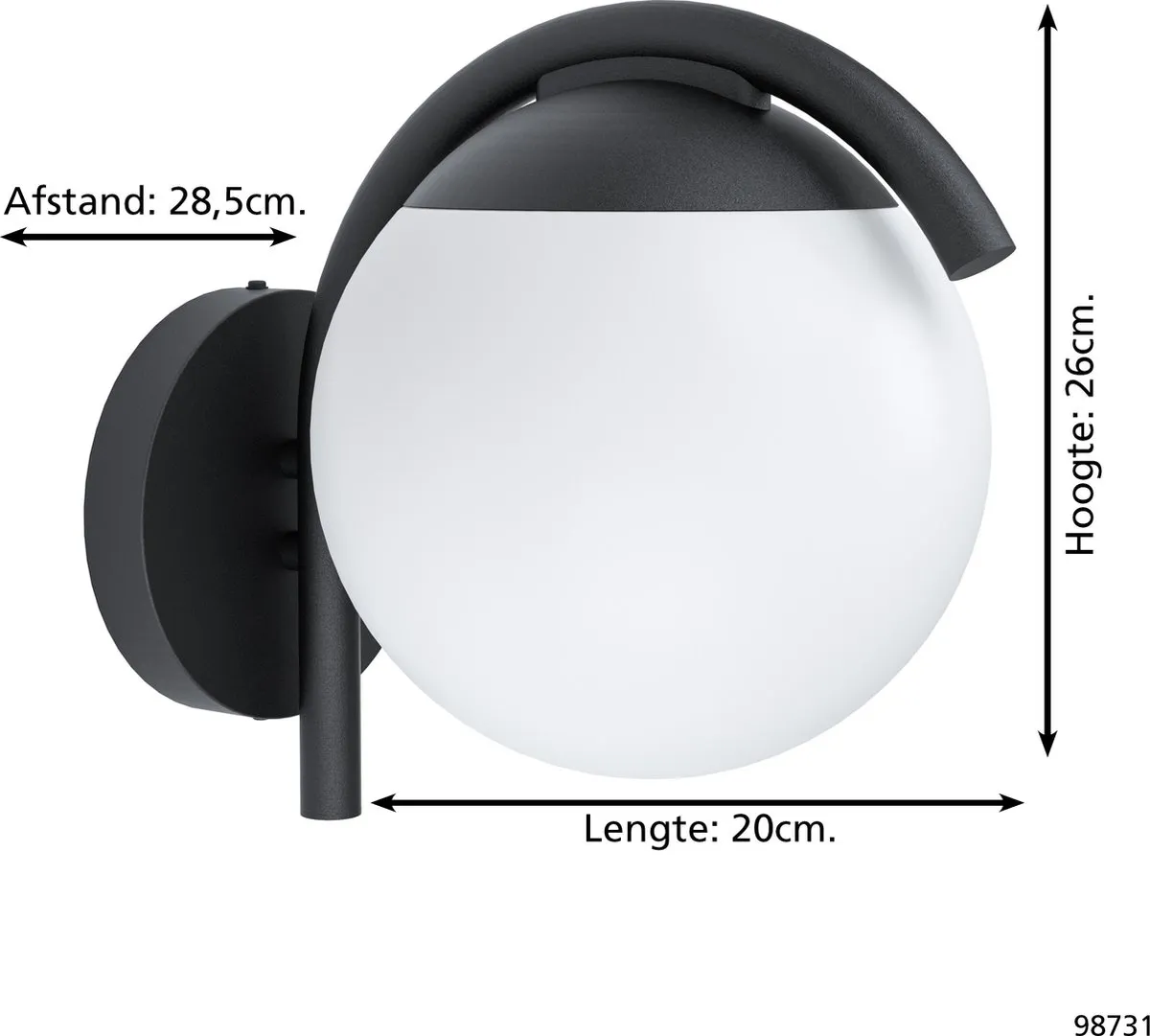 Eglo Prata Vecchia Wandlamp Buiten E27 - 20cm - Zwart/Wit - afbeelding 6 van 6