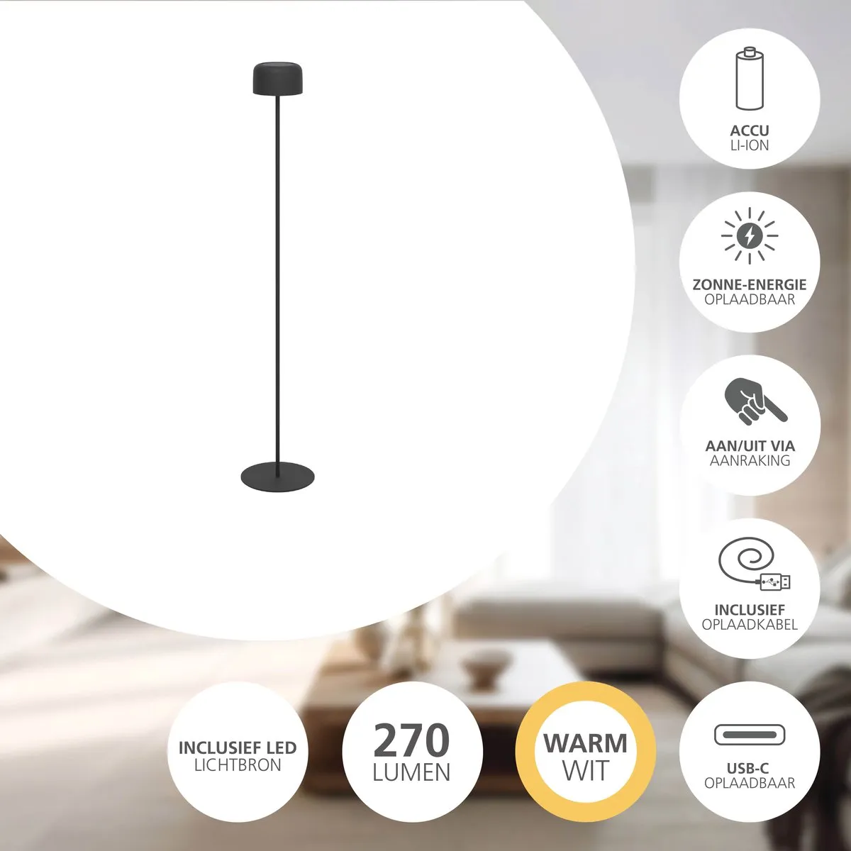 Eglo Roccanova-L Staande Lamp Zwart - Oplaadbaar 22u - Solar - 120cm - afbeelding 6 van 6