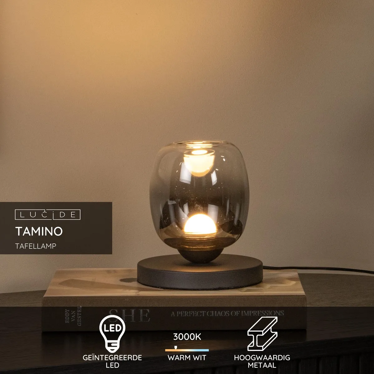 Lucide TAMINO Tafellamp - Ø15cm LED 3000K Zwart