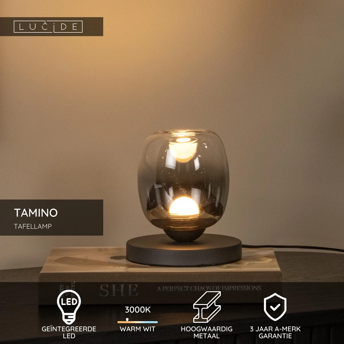 Lucide TAMINO Tafellamp - Ø15cm LED 3000K Zwart