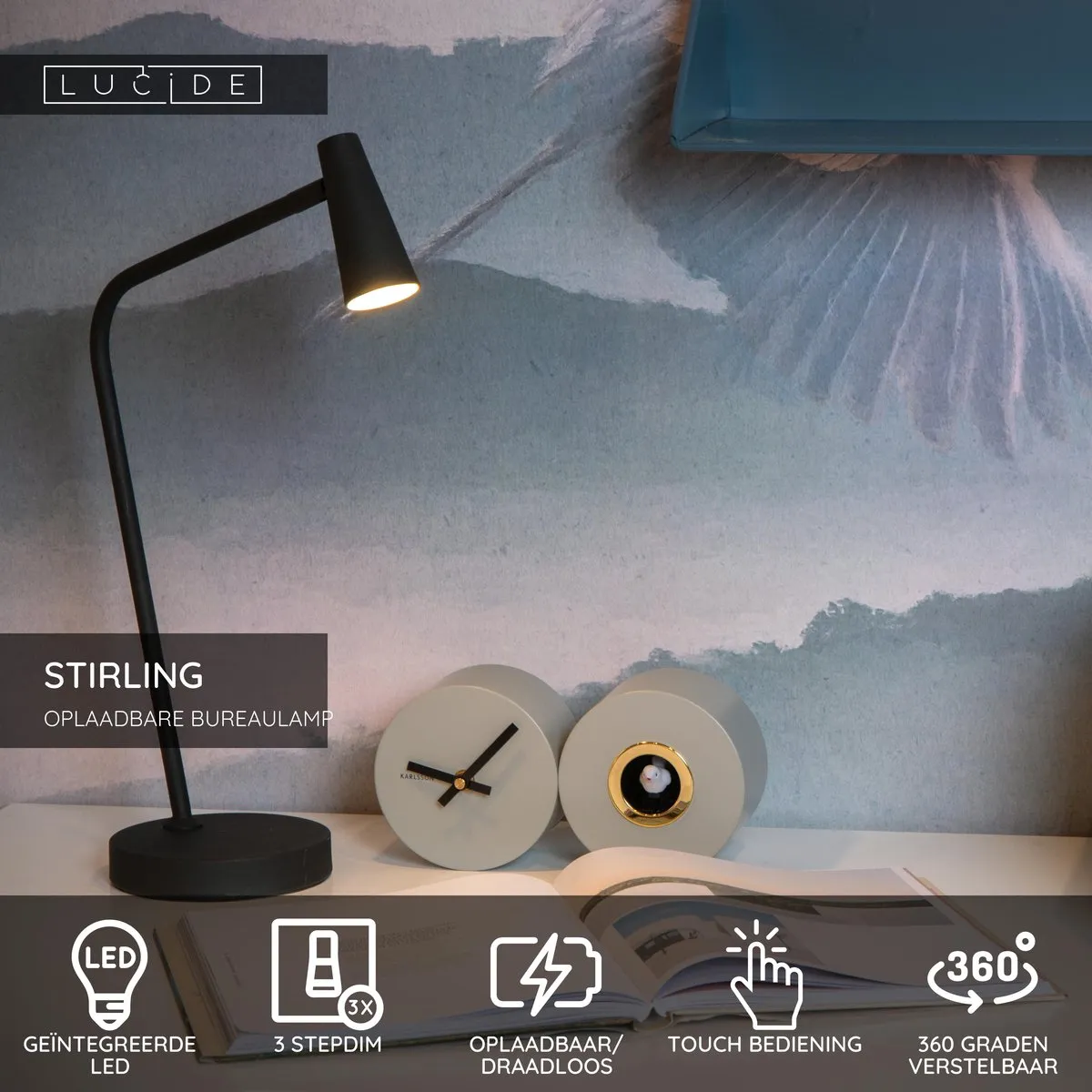 Lucide Stirling Oplaadbare Bureaulamp 3W - Zwart