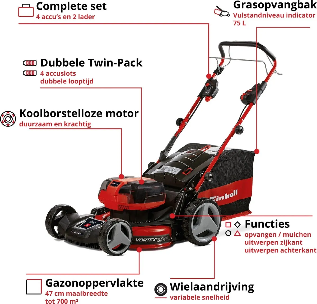Einhell Professional GP-CM 36/47 S HW Li Grasmaaier - 47cm - 4x 4.0Ah - 75l